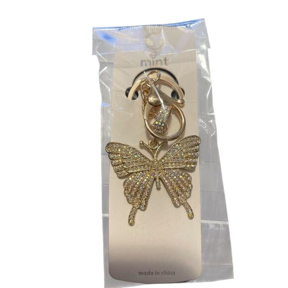 Mint Brand Butterfly Keychain Purse Charm Clear Rhinestones Gold Tone Metal - Picture 1 of 1